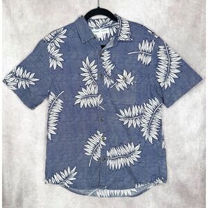 Old Navy Men's Medium Relaxed Fit Blue Button Shirt White Floral Cotton Tropical